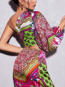 SHEIN VCAY Paisley Print One Shoulder Lantern Sleeve Crop Blouse