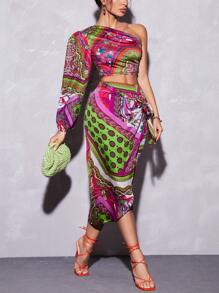 SHEIN VCAY Paisley Print One Shoulder Lantern Sleeve Crop Blouse