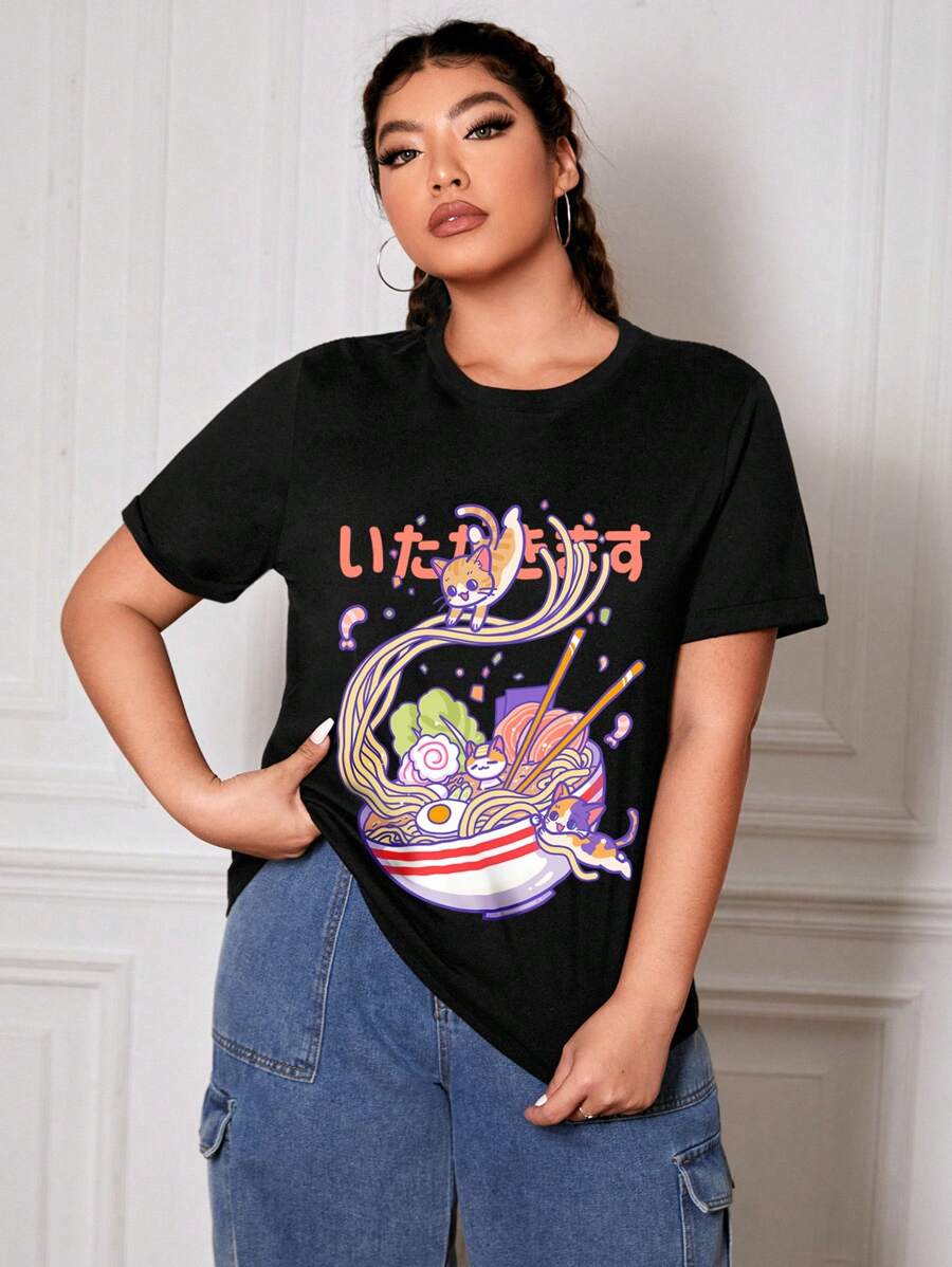 Angelfish 大碼卡通圖案T恤 - 黑色 - 查看 1