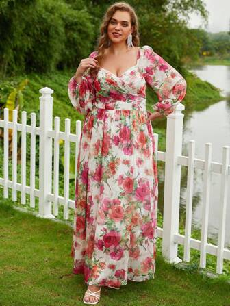 YISIKADO Vestido con estampado floral escote corazón de manga farol de gasa