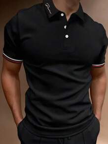 Manfinity Homme Men Letter Graphic Striped Trim Polo Shirt - Black - View 1