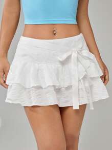 Comfortcana Ruffle Trim Knot Side Layer Hem Skirt - White - View 8