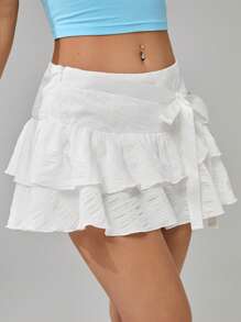 Comfortcana Ruffle Trim Knot Side Layer Hem Skirt - White - View 9