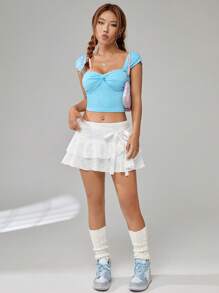 Comfortcana Ruffle Trim Knot Side Layer Hem Skirt - White - View 10