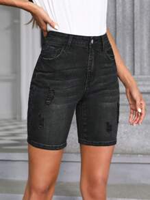 SHEIN Essnce Quần short denim nữ Nút Túi Dây kéo màu trơn - màu đen - Xem 3