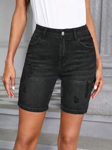 SHEIN Essnce Quần short denim nữ Nút Túi Dây kéo màu trơn - màu đen - Xem 5