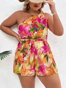 Dreamara 大碼印花單肩腰帶連身短褲 - 彩色 - 查看 1