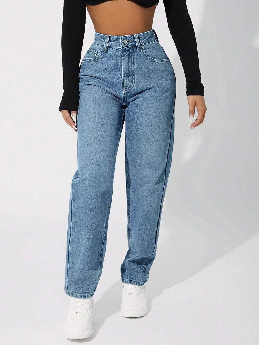 SHEIN PETITE 高腰牛仔褲 - 中等水洗藍 - 查看 1