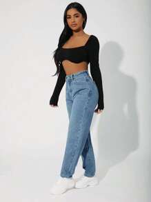 SHEIN PETITE 高腰牛仔褲 - 中等水洗藍 - 查看 3