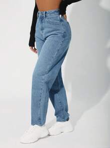 SHEIN PETITE 高腰牛仔褲 - 中等水洗藍 - 查看 4