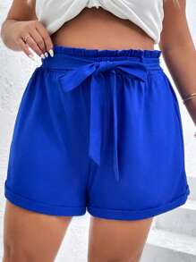 SHEIN VCAY Plus Paperbag Waist Roll Up Hem Belted Shorts - Royal Blue - View 1