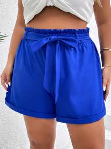 SHEIN VCAY Plus Paperbag Waist Roll Up Hem Belted Shorts - Royal Blue - View 3