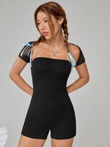 SHEIN Qutie Bộ đồ hai mảnh nữ Tương phản Mesh cắt màu trơn Giải trí - màu đen - Xem 5