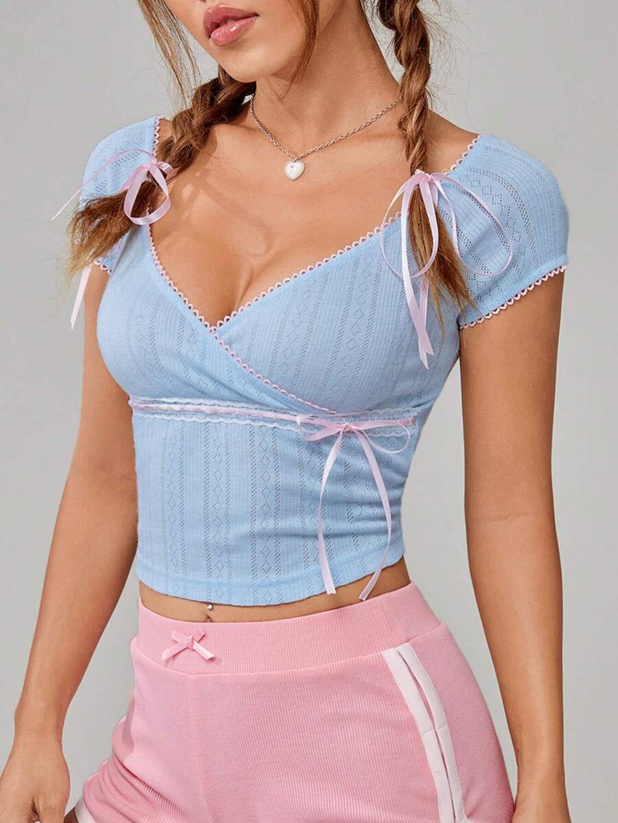 SHEIN EZwear 休閒蕾絲拼接 打結 交叉純色女士T恤 - 淺藍色 - 查看 1