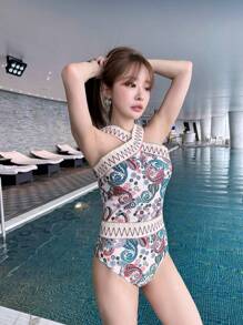 Swim Vcay 佩斯利鋸齒紋條紋織帶高領連體泳衣 - 彩色 - 查看 6