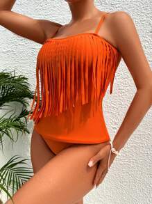 SHEIN Fringe Trim Tankini Summer Beach - Burnt Orange - View 3