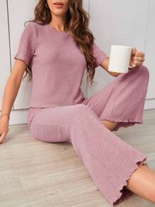 Set homewear ribete en forma de lechuga tejido de canalé - Rosa - Ver 1