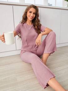 Set homewear ribete en forma de lechuga tejido de canalé - Rosa - Ver 3