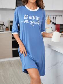Slogan Graphic Contrast Trim Drop Shoulder Lounge Dress - Blue - View 1
