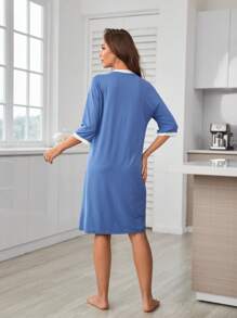 Slogan Graphic Contrast Trim Drop Shoulder Lounge Dress - Blue - View 2