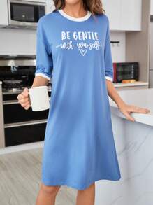 Slogan Graphic Contrast Trim Drop Shoulder Lounge Dress - Blue - View 4