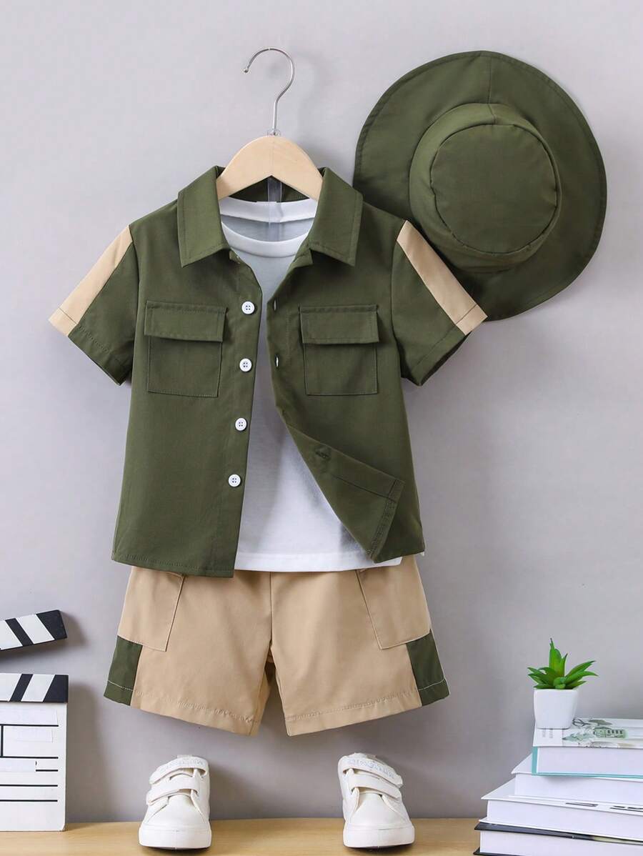 SHEIN 小男童翻蓋口袋襯衫和短褲和帽套裝