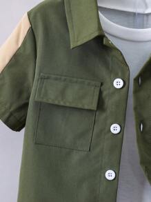 SHEIN 小男童翻蓋口袋襯衫和短褲和帽套裝