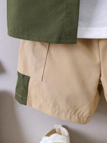 SHEIN 小男童翻蓋口袋襯衫和短褲和帽套裝