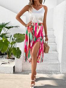 SHEIN VCAY Brush Print Split Thigh Skirt - Multicolor - View 6