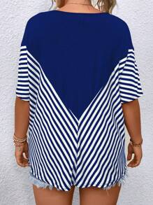 EMERY ROSE Áo thun Plus size Sọc Giải trí - Xanh đậm - Xem 2