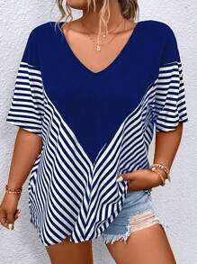 EMERY ROSE Áo thun Plus size Sọc Giải trí - Xanh đậm - Xem 3