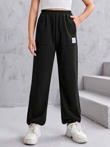 SHEIN Teen Girls Letter Patched Slant Pocket Sweatpants - Black - View 2