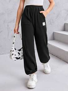 SHEIN Teen Girls Letter Patched Slant Pocket Sweatpants - Black - View 5