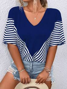 EMERY ROSE Áo thun Plus size Sọc Giải trí - Xanh đậm - Xem 8