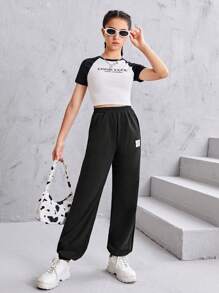 SHEIN Teen Girls Letter Patched Slant Pocket Sweatpants - Black - View 8
