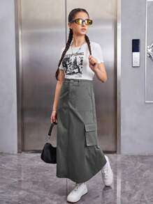 SHEIN 青少年女孩蝴蝶和標語圖案T恤和翻蓋口袋半身裙 - 彩色 - 查看 4