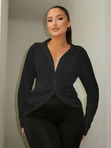 SHEIN SXY Áo sơ mi nữ xoắn lại màu trơn Gợi cảm - màu đen - Xem 4