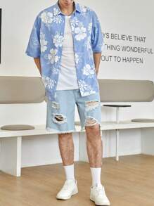 Manfinity RebelGame Men Floral Print Shirt Without Tee - Blue and White - View 5