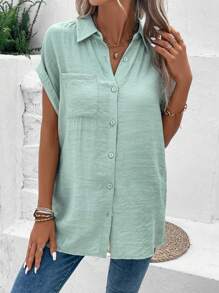 EMERY ROSE Camisa de manga murciélago con parche de bolsillo con botón delantero - Verde - Ver 3