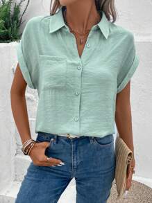 EMERY ROSE Camisa de manga murciélago con parche de bolsillo con botón delantero - Verde - Ver 4