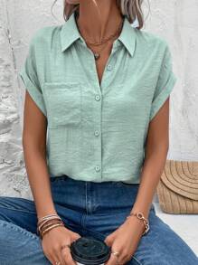 EMERY ROSE Camisa de manga murciélago con parche de bolsillo con botón delantero - Verde - Ver 5