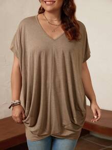 SHEIN LUNE 大碼素色蝙蝠袖側收褶T恤 - 咖啡棕 - 查看 1