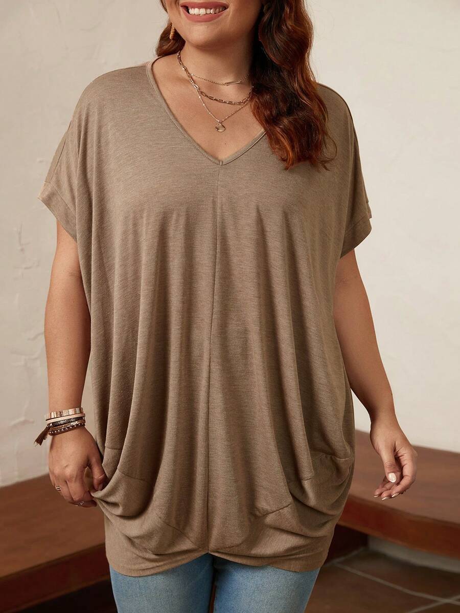 SHEIN LUNE 大碼素色蝙蝠袖側收褶T恤 - 咖啡棕 - 查看 1