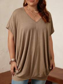 SHEIN LUNE 大碼素色蝙蝠袖側收褶T恤 - 咖啡棕 - 查看 3