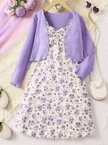 Sparklyn Tween Girl Ditsy Floral Print Ruched Front Cami Dress & Lettuce Trim Jacket Set - Purple - View 1