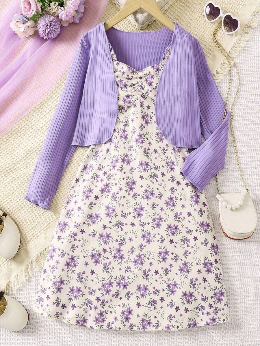 Sparklyn Tween Girl Ditsy Floral Print Ruched Front Cami Dress & Lettuce Trim Jacket Set - Purple - View 1