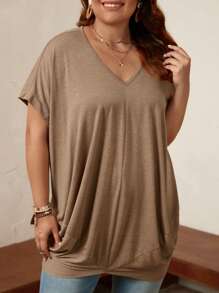 SHEIN LUNE 大碼素色蝙蝠袖側收褶T恤 - 咖啡棕 - 查看 4