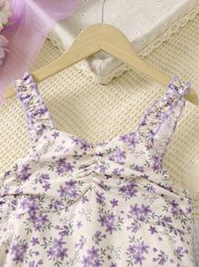 Sparklyn Tween Girl Ditsy Floral Print Ruched Front Cami Dress & Lettuce Trim Jacket Set - Purple - View 3