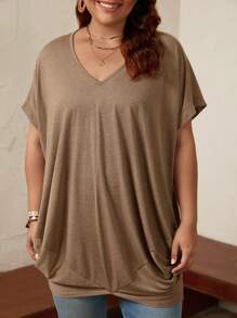 SHEIN LUNE 大碼素色蝙蝠袖側收褶T恤 - 咖啡棕 - 查看 5