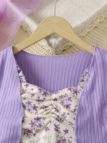 Sparklyn Tween Girl Ditsy Floral Print Ruched Front Cami Dress & Lettuce Trim Jacket Set - Purple - View 4